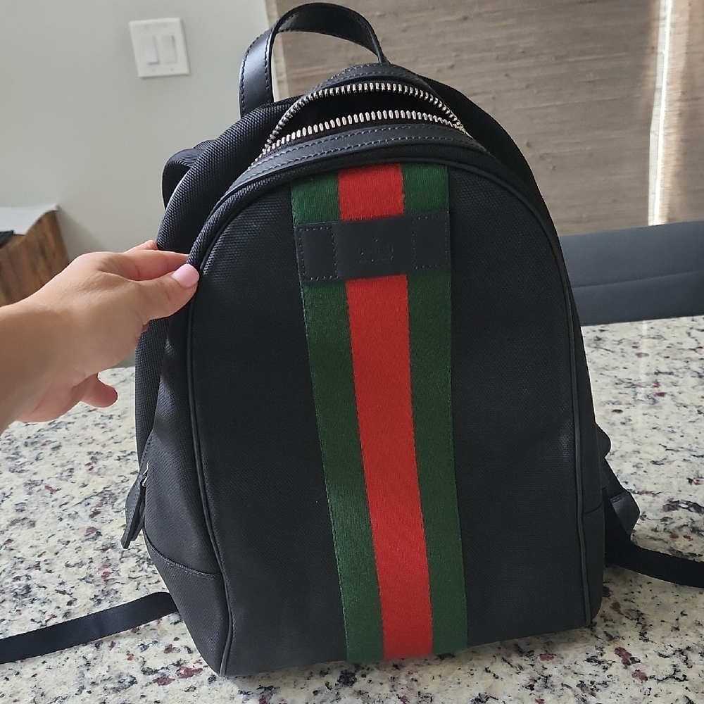 Gucci Stylish Black Backpack with Red and Green Stripes